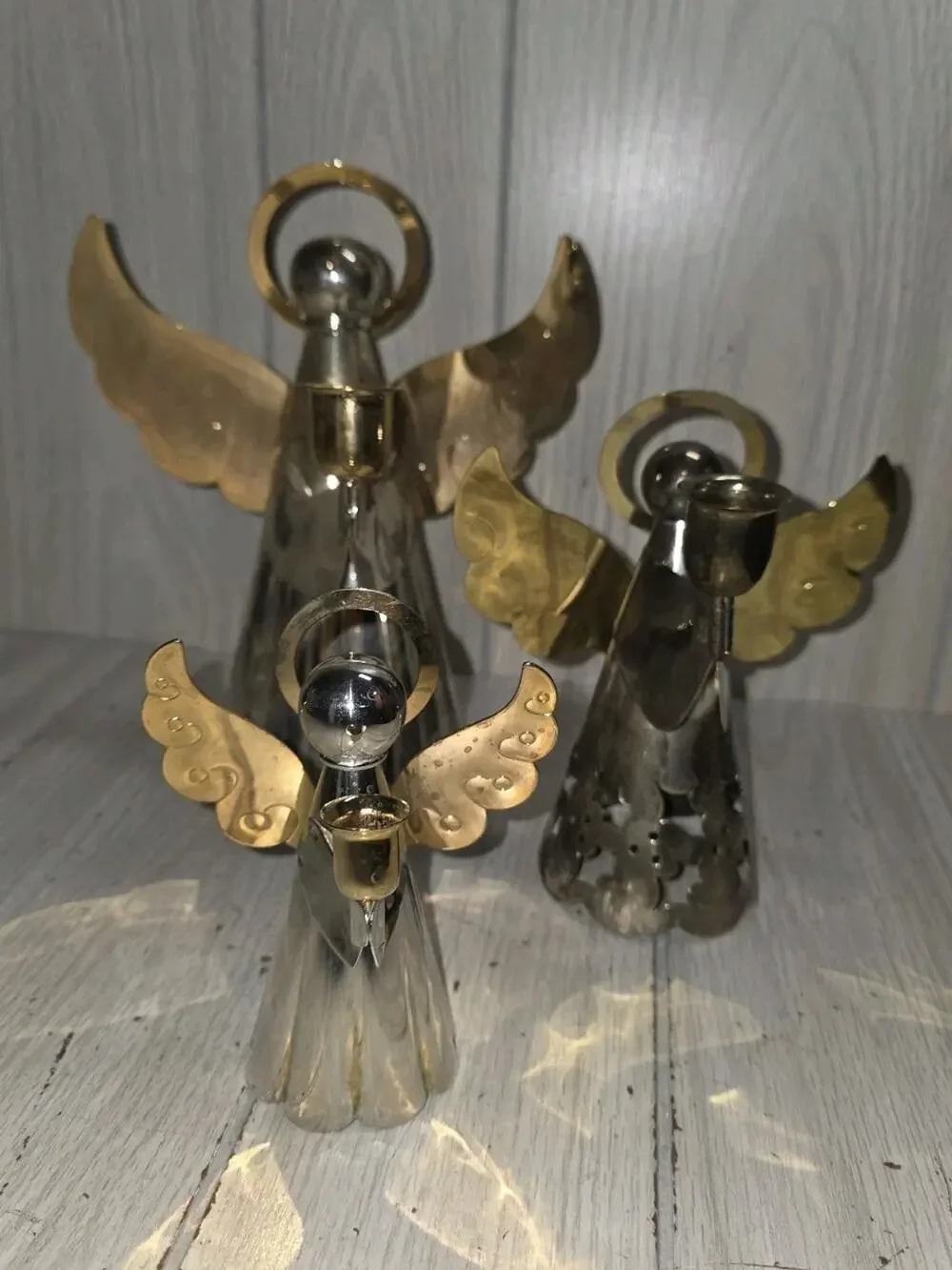 Vintage Angel Candlestick Holders Brass Silver Plated Christmas Decor Set of 3